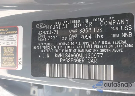 2021 Hyundai Elantra Sel z USA, uszkodzony, nr VIN KMHLS4AG0MU130977